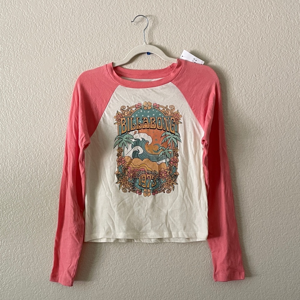 Billabong Raglan Longsleeve T-shirt Retro Graphic Crop Beach Tee Pink Cream